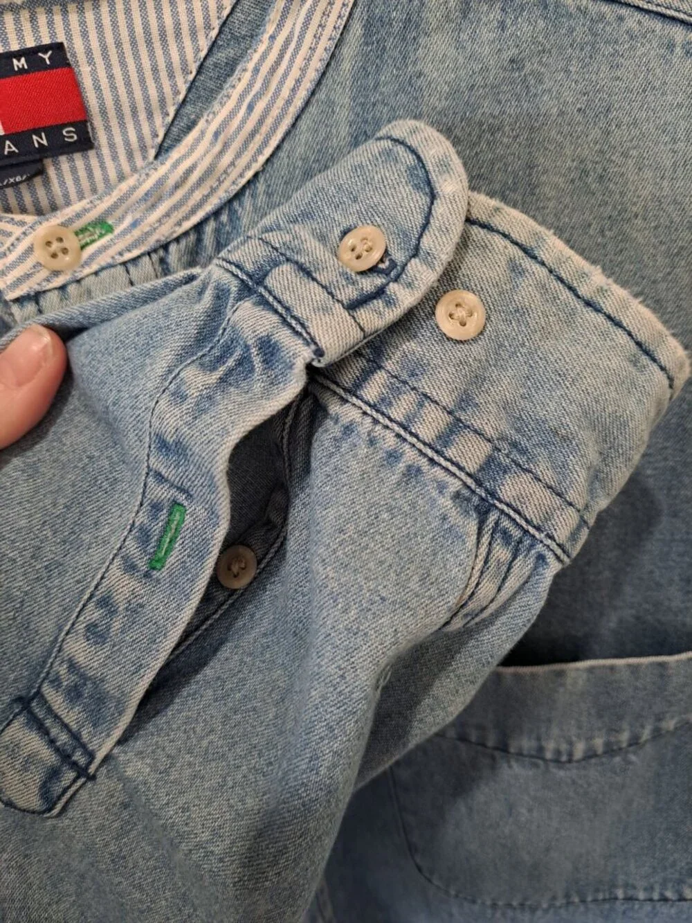 Vtg 90's Tommy Jeans Band Collar Denim Shirt XL Men's Logo Embroidery Button - Picture 5 of 14